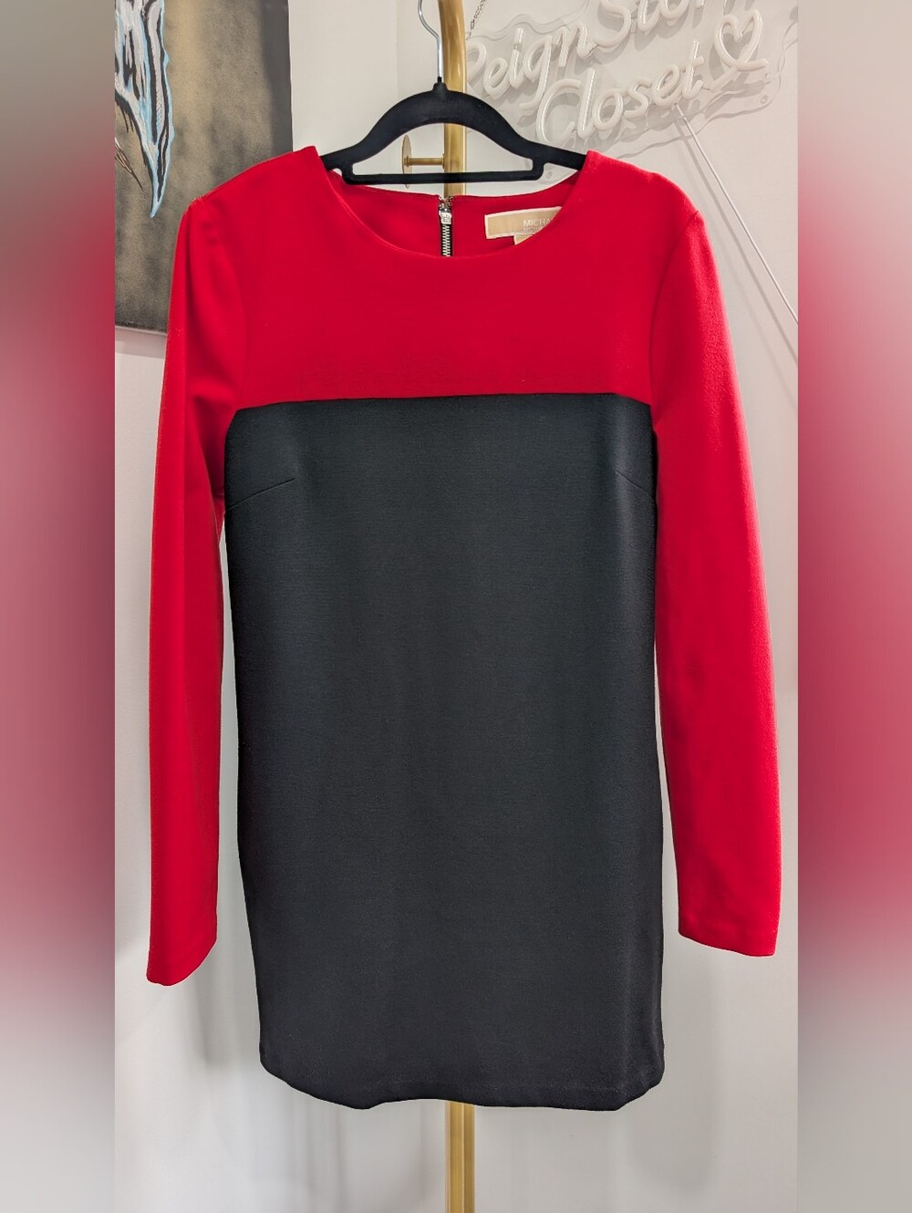 Michael Kors Red and Black Colorblock Crewneck Dress